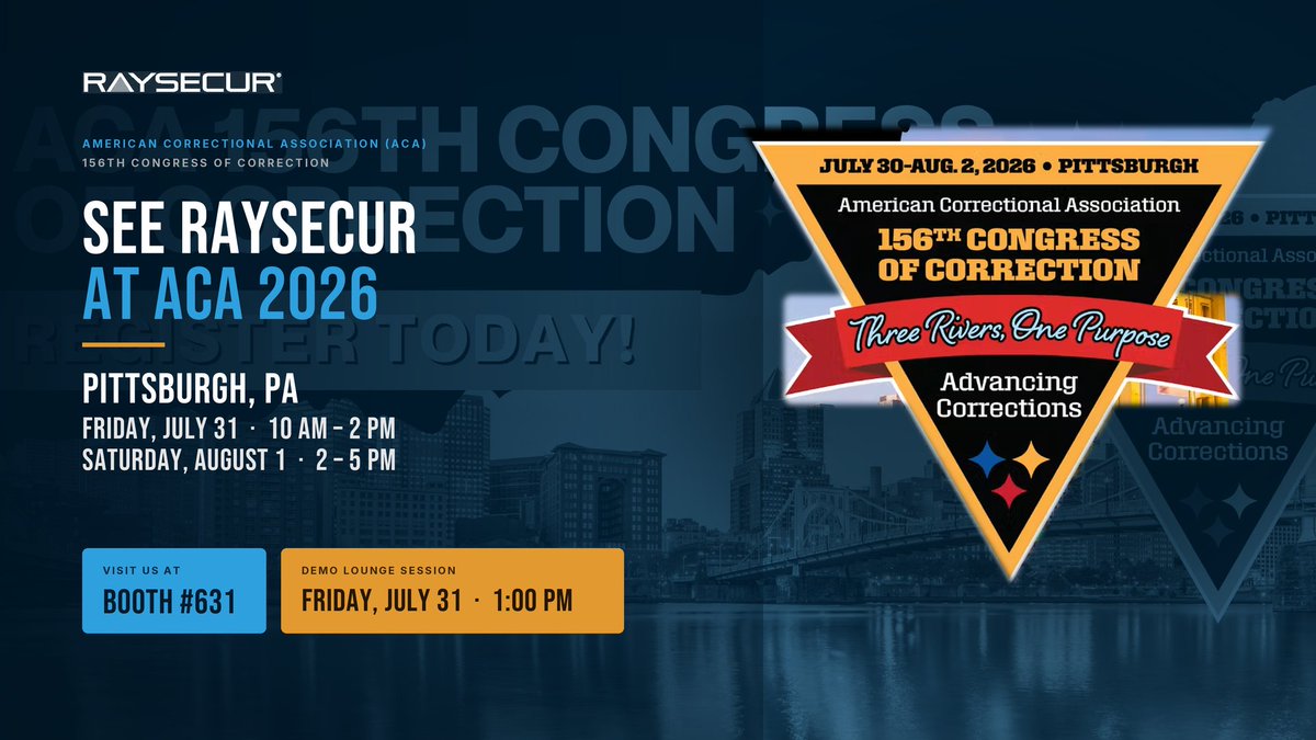 RaySecur's tweet photo. We're headed to Pittsburgh for the American Correctional Association (ACA) 156th Congress of Correction!  

Booth #631
🔹 Friday, July 31 | 10 AM – 2 PM —
🔹 Saturday, August 1 | 2 – 5 PM — Booth #631

#ACA2026 #Corrections #CorrectionalSecurity #ContrabandDetection https://t.co/cppgXyw85W