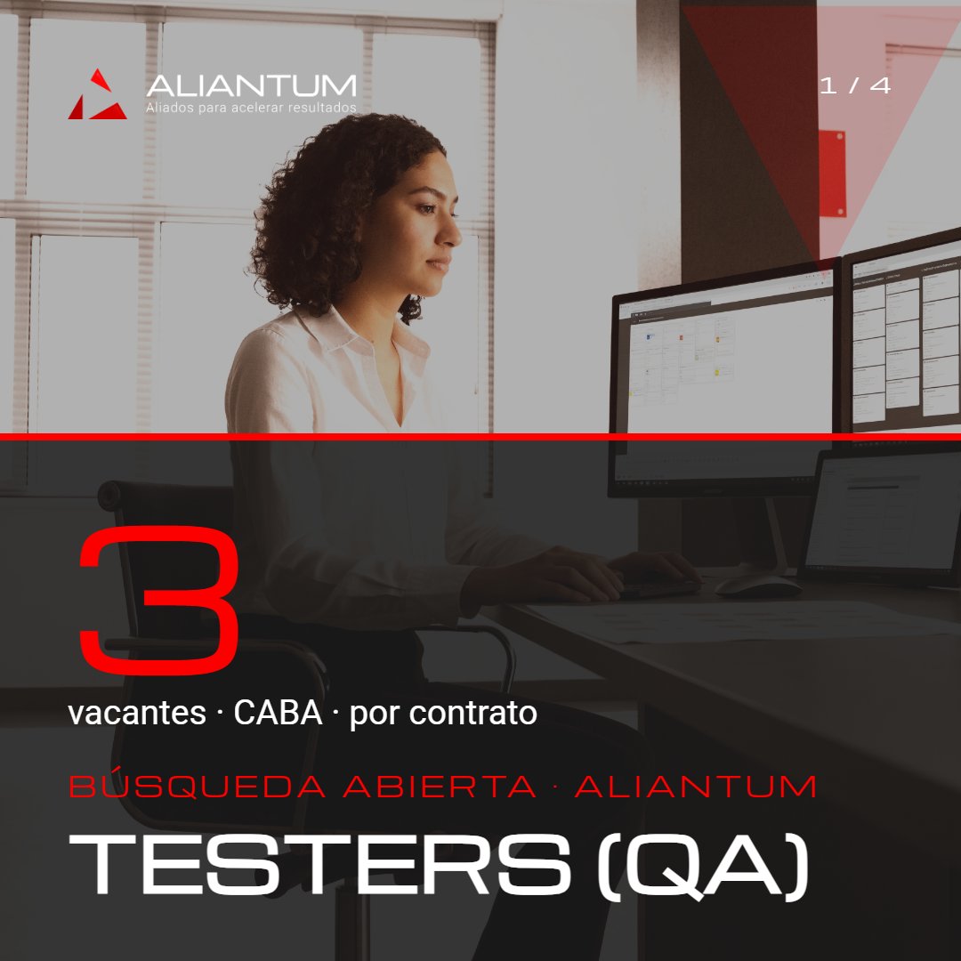 aliantumsa's tweet photo. Buscamos 3 Testers QA para proyectos de banca y fintech. Testing funcional manual, Bantotal excluyente, disponibilidad para viajar. Postulate en https://t.co/XXfPfiAY0V #QA #Bantotal #empleoIT #Aliantum https://t.co/awj8N9qEjT
