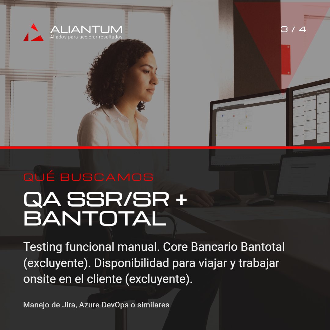 aliantumsa's tweet photo. Buscamos 3 Testers QA para proyectos de banca y fintech. Testing funcional manual, Bantotal excluyente, disponibilidad para viajar. Postulate en https://t.co/XXfPfiAY0V #QA #Bantotal #empleoIT #Aliantum https://t.co/awj8N9qEjT