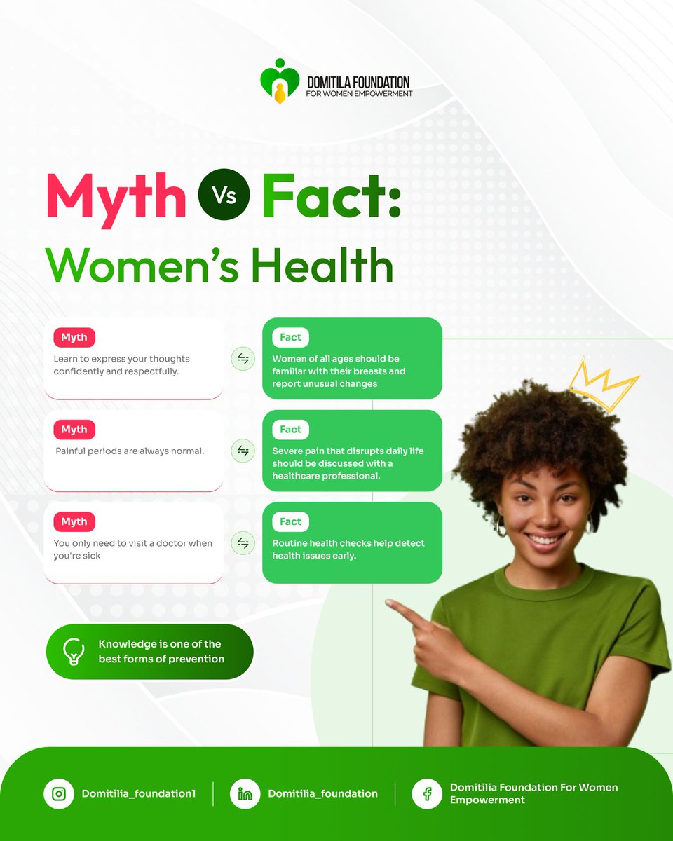 domifoundation's tweet photo. There are many myths surrounding women's health, and believing them can delay early detection and treatment.

The more we understand our bodies, the better equipped we are to make informed health decisions.

#DomitilaFoundation #SDG3 #Wellness #Nigeria https://t.co/WSqJq9t0C2
