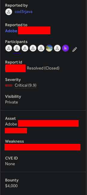 cod3rjava's tweet photo. RCE: Resolved ✅

Found an RCE.
Missed the bounty lottery. 😭

One more RCE is still pending... fingers crossed it has a better sense of humor. 😂

Thanks @Hacker0x01  &amp; @Adobe 

Methodology &amp; tools coming soon. 👀

#BugBounty #CyberSecurity #AppSec #Pentesting #hackerone https://t.co/m0K67DKAGp