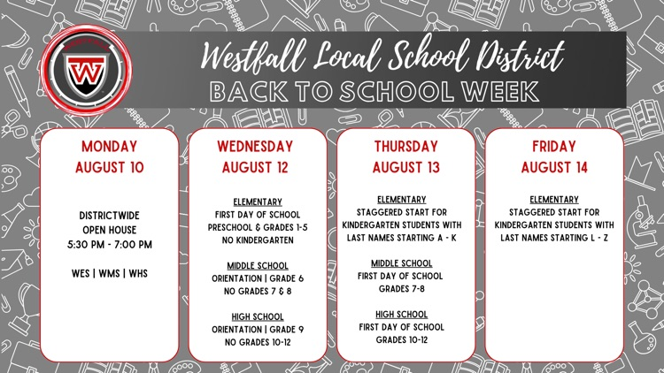 WestfallSchools's tweet photo. Back-to-school week is almost here! Be sure to mark your calendars for these important dates as we welcome students back for the new school year. https://t.co/cFyryzGUUD