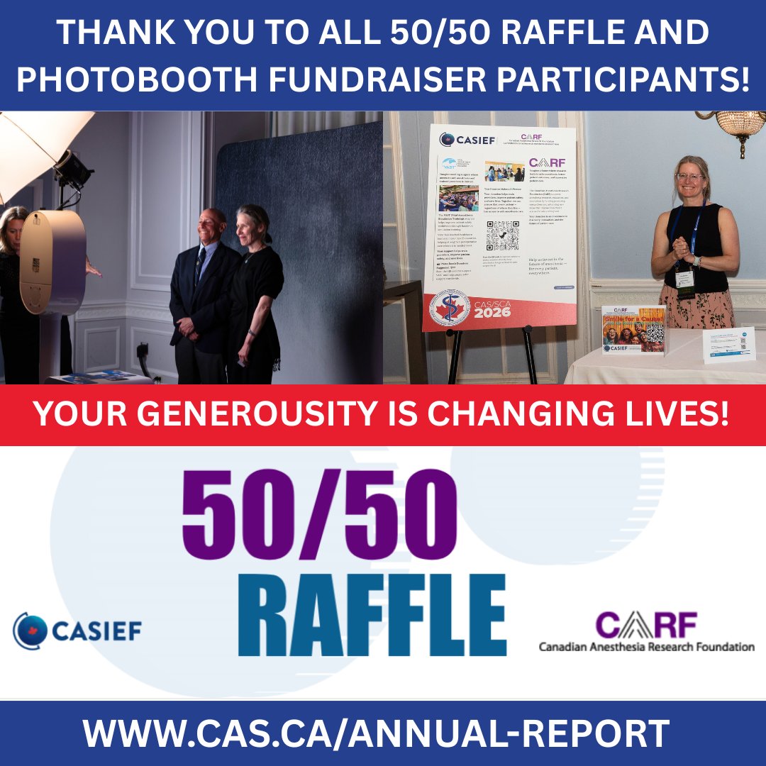 CASUpdate's tweet photo. Thank you to everyone who bought a 50/50 raffle or photobooth ticket at #CASAM2026. Your generosity directly supports #anesthesiaresearch, and life-saving surgical care in low-resource countries. Read up on CARF and CASIEF's 2025 work in our Annual Report: https://t.co/jjUV4idFYd https://t.co/AJoQbVSw8s
