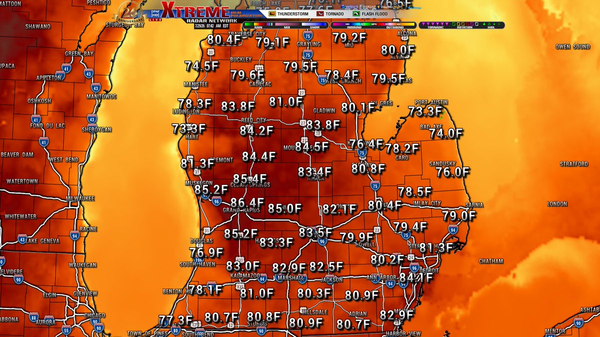 dpnf01's tweet photo. Good early morning Michiganders! Another beautiful day is in store for everyone, and I mean beautiful. Clear skies are in store, humidity levels dropping off by the afternoon and a light breeze for most of the day! Ironwood being the hotspot for the UP at 87 and Grand Rapids for the LP at 86. Lakeshore communities as usual seeing those cooler temperatures and slightly higher wind speeds especially in the thumb region and points south for the eastern LP. Peak winds and waves will be around 11a and calm down throughout the afternoon. Todays high temperatures are for the 5p hour with a gradual cool down into the evening. Have a great morning and afternoon Michigan, and we will be checking in later this evening!