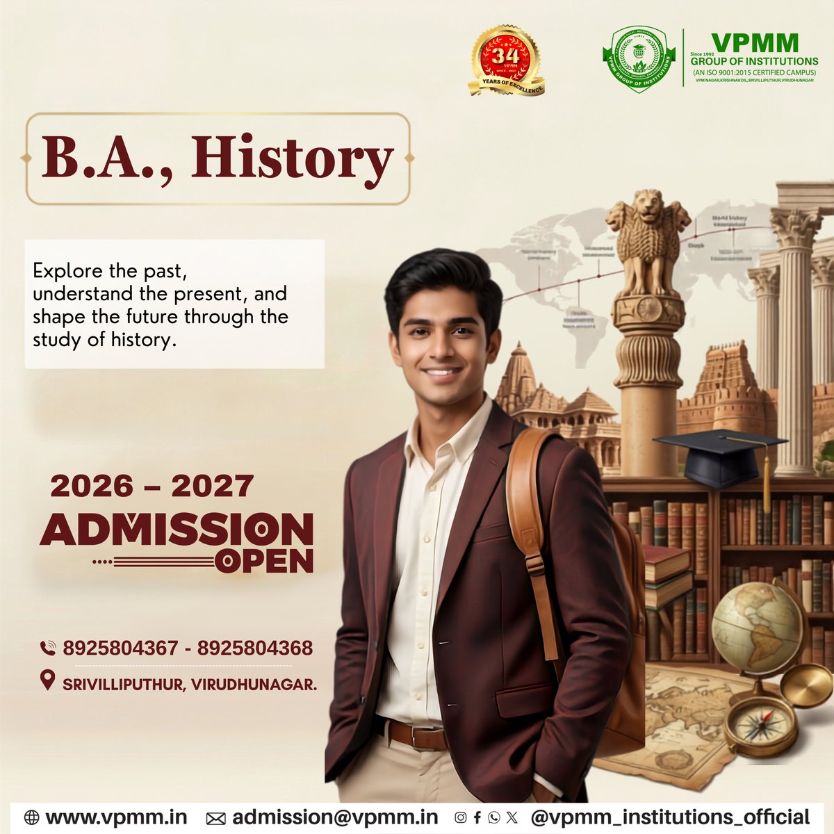 VPMM_Official's tweet photo. 🏛️ History is the key to understanding the future.

🎓 B.A. History Admissions 2026–2027 are now open at VPMM Arts &amp; Science College.

📍 Krishnankoil, Srivilliputhur
📞 8925804367 | 8925804368

#BAHistory #VPMM #AdmissionsOpen #History #HigherEducation #FutureStartsHere https://t.co/KI9NqkuajE
