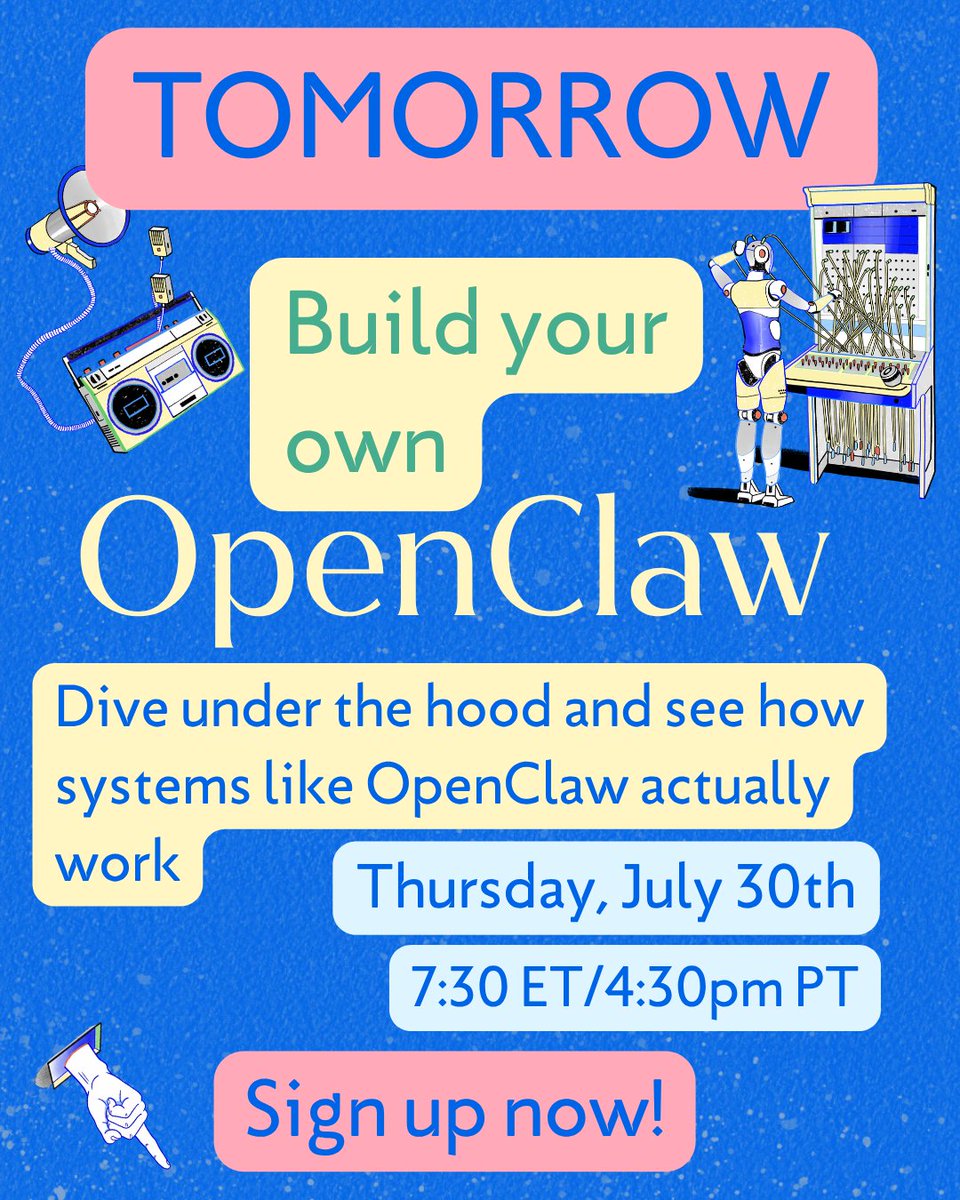 codesmith_'s tweet photo. Tomorrow, build an 18-line terminal app that takes screenshots, moves files, and records your voice from plain-English prompts, then fix its own errors.
Thursday, 7:30 ET.
👉 https://t.co/a9RI6p3ZLS

#AI #OpenClaw #BuildYourOwn #LearnAI #LLM #CodeAlong #AIWorkshop https://t.co/DWAhjQvTpd