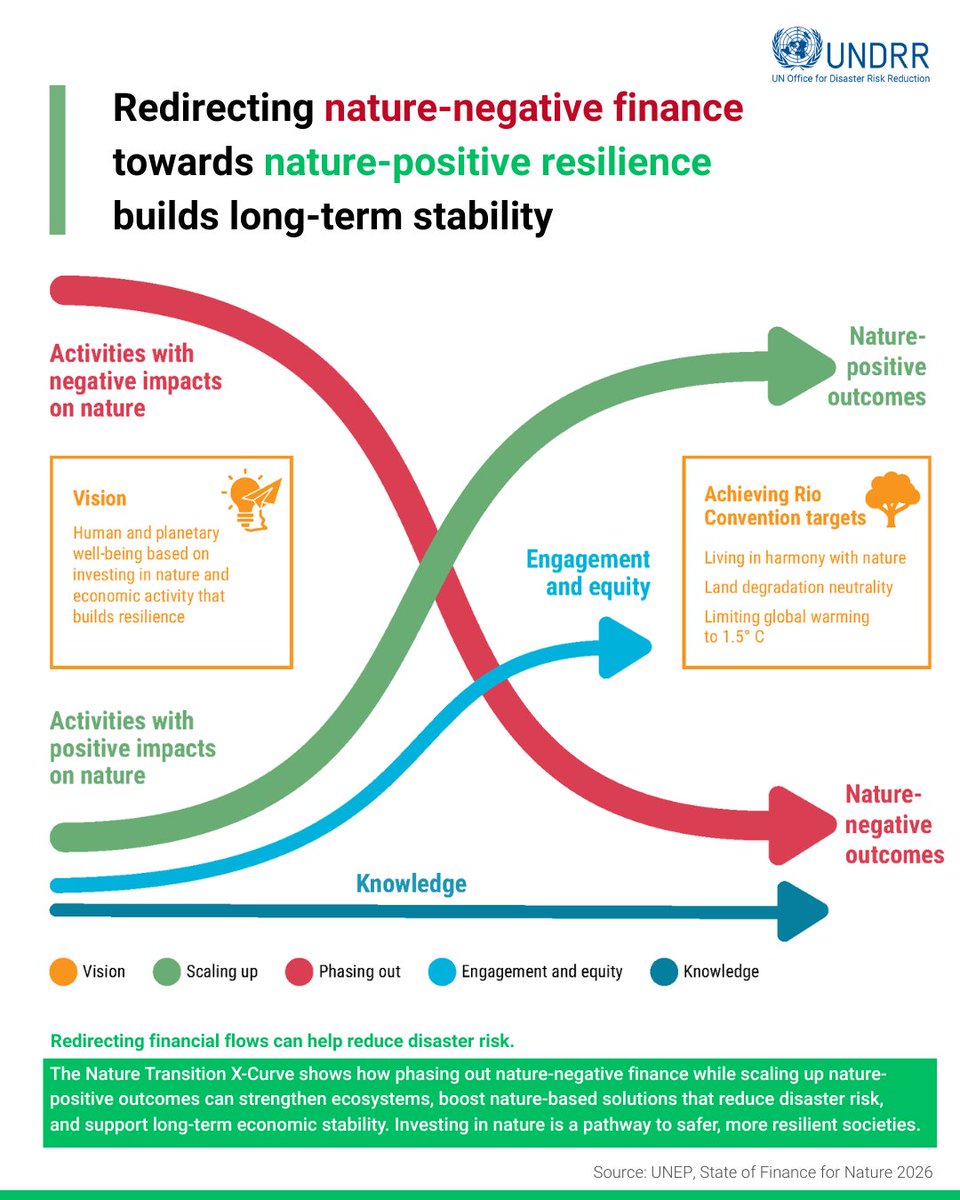 UNDRR's tweet photo. Disaster resilience is influenced by how finance is allocated. 💰

🌱 Phasing out nature-negative finance &amp; scaling up nature-positive investment can reduce disaster risks, protect livelihoods, and support more stable development outcomes.

➡️ https://t.co/FIMETihtr5 @UNEP https://t.co/MA9td7B9nd