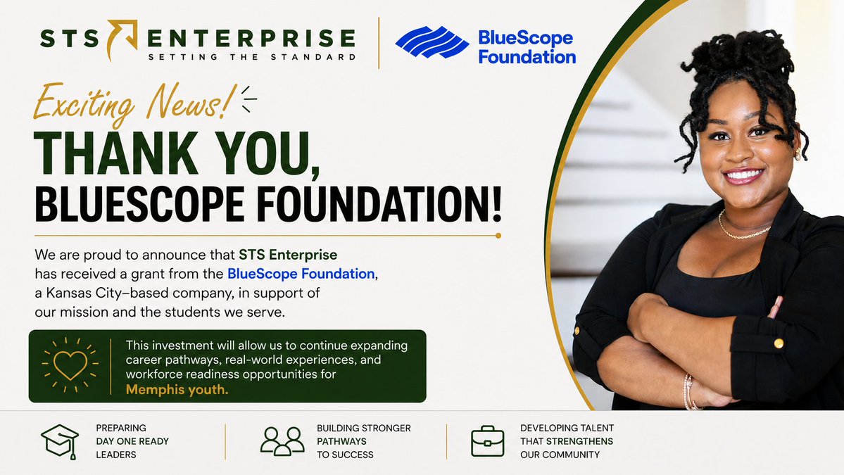 STSEnterprise's tweet photo. Thank you, BlueScope Foundation, for investing in the future of our students and our community.

This investment will help us continue preparing young people to become Day One Ready!

🔗 Read the full announcement:
https://t.co/UfmzcoaqVi

#DayOneReady #WorkforceReadiness https://t.co/FesWblTL8p