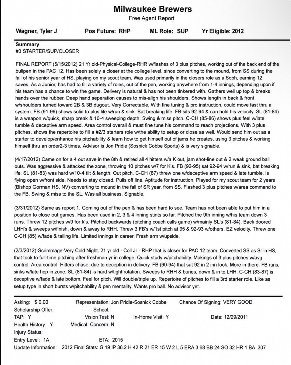 utahscout1219's tweet photo. THE SENTENCE THAT COULD CHANGE A DRAFT ROOM

THE SCOUTING CLASSROOM: Stories Behind the Report #67

“A summary wasn’t just the end of a report. Sometimes it became the beginning of a Major League career.”

Every scouting report contained pages of information, measurements, grades, velocities, mechanics, makeup, medical history, background and every detail mattered.

But when the report landed on a scouting director’s desk, there was one section that often carried the most weight.

•The SUMMARY

If the individual grades were the evidence, the summary was the closing argument.

It answered one question:

What are you asking the organization to believe?

One report that always comes back to me was 
Tyler Wagner

Tyler had been a shortstop on my Angels Scout Team before converting to pitching during the fall of his senior year of high school. By his junior season at the University of Utah, he was one of the best closers in the Pac-12, routinely pitching one to four innings whenever the game was on the line.

Most scouts saw a college reliever.

I saw something different.

The raw ingredients were all there: a fastball with life at 91-96 mph, a swing-and-miss slider, a deceptive changeup, athleticism from his years as an infielder, and a delivery that hadn’t been over-coached. His command still needed refinement, but I believed those were teachable adjustments, not physical limitations.

The sentence that mattered most wasn’t his velocity or his grades.

It was this:

“Would send him out as a starter to develop… With three plus pitches, shows the repertoire to fill a No. 2/3 starter’s role with the ability to set up or close as well.”

That wasn’t simply a projection.

It was a recommendation.

It meant asking our scouting director, Bruce Seid, to spend a 4th round pick on a pitcher he had never personally seen or start.

We had one crosscheck look. I had watched Tyler’s entire evolution, from high school shortstop, to college closer, to the pitcher I believed he could become. My report wasn’t describing who Tyler was that day.

It was describing who I believed he would become.

That is the responsibility every area scout carries.

The draft room isn’t looking for certainty. It’s looking for conviction supported by evidence.

Bruce trusted my evaluation, and the Brewers selected Tyler in the 4th round.

The development plan followed the report almost exactly. Milwaukee converted him into a starter, and just three years later he reached the Major Leagues, matching the ETA projection in my report.

The grades helped get him into the room.

The summary helped get his name called.

Lesson: The grades explain the tools. The summary explains your conviction. Sometimes one well-supported sentence carries more weight than every number written before it.

#BehindTheRadarGun 🔎