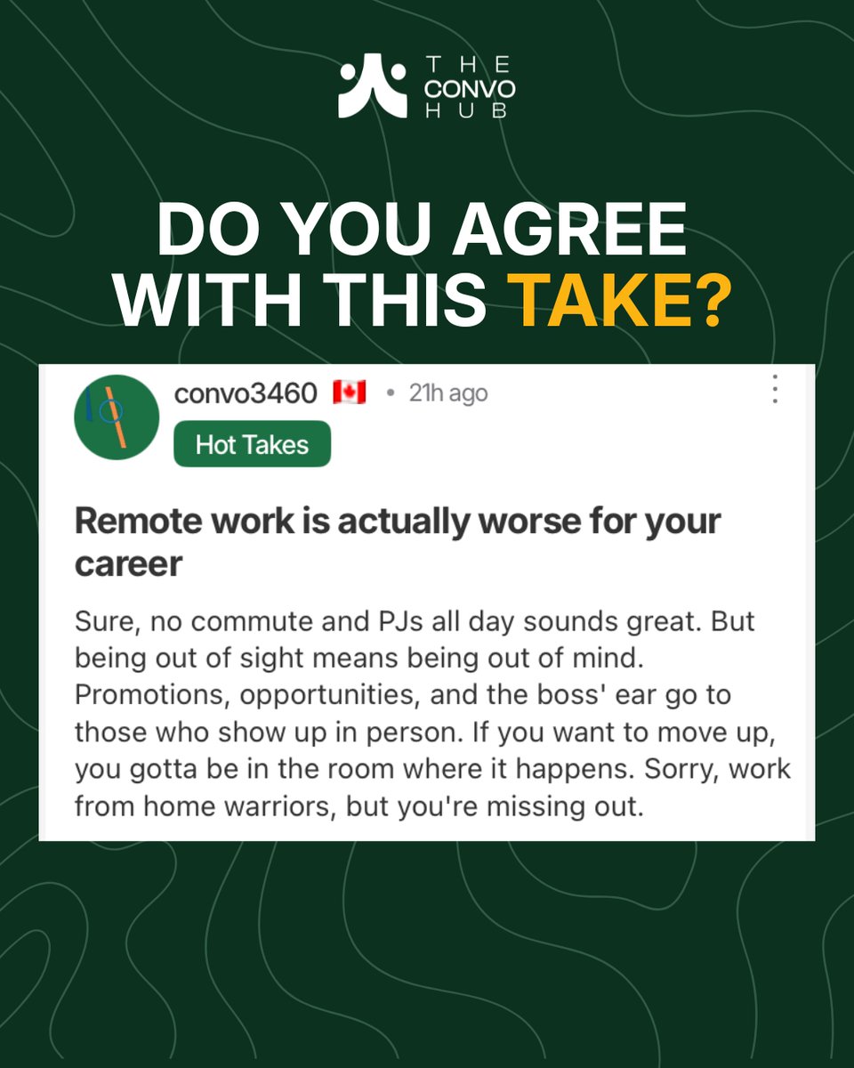TheConvohub's tweet photo. Hot Take: Remote work isn't always the career advantage people think it is.

Is being in the office still the fastest path to promotions and leadership opportunities, or has the workplace evolved beyond that?

Let's hear both sides. 👇 https://t.co/GGHYfvQA72