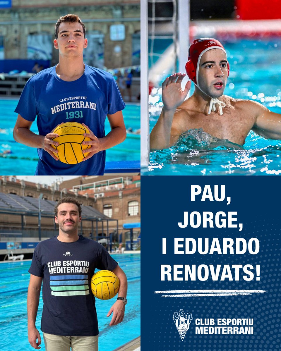 CEMediterrani's tweet photo. ✍️ 𝐑𝐄𝐍𝐎𝐕𝐀𝐓𝐒!

Pau Pourtau, Jorge Ortega i Eduardo Díaz continuen un any més amb nosaltres i continuaran defensant els nostres colors la pròxima temporada. 🤽‍♂️

Continuem! 💙💚

#CEMediterrani #Waterpolo https://t.co/itpXkZjuWj