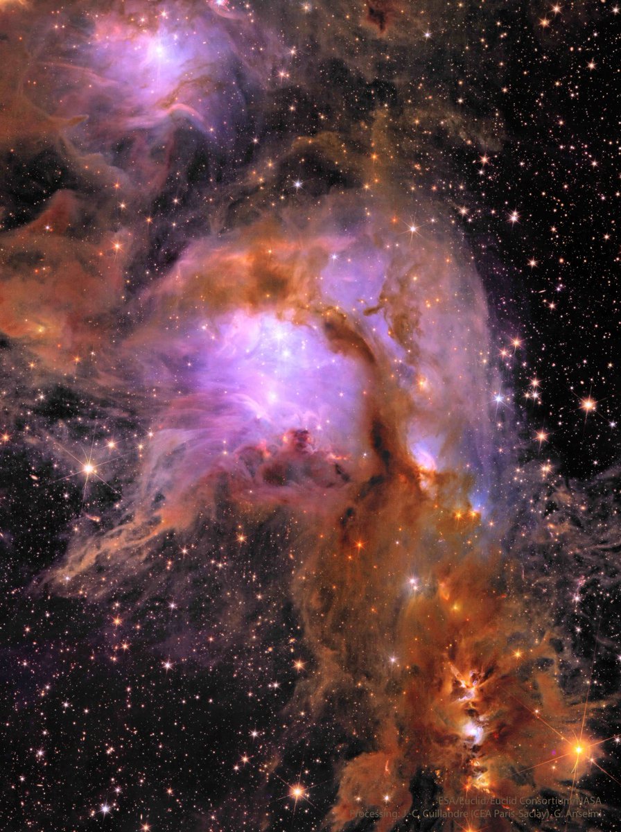 alex_riveiro's tweet photo. Este colorido paisaje es el de la nebulosa Messier 78, vista a través del telescopio Euclid, en los espectros visible e infrarrojo, permitiendo entender mejor como es el proceso de formación de estrellas. Messier 78 está a 1300 años luz del Sistema Solar. #FelizMiercoles https://t.co/Rl1gPBuHHn
