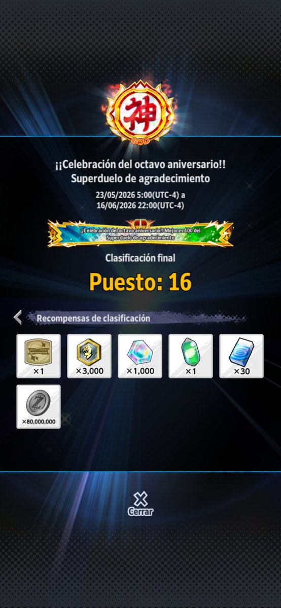 GcamJos's tweet photo. Fue un buen aniversario, de menos a más XD.
Costó un poco de trabajo pero se pudo conseguir los 3 títulos https://t.co/ypoVRQvxdx
