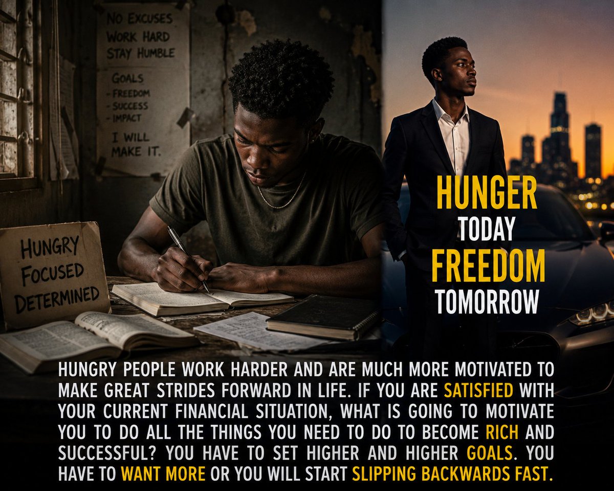 heyitsonik's tweet photo. Hungry people work harder and are
much more motivated to make great strides forward in life. 
If you are satisfied with your current financial situation, what is going to motivate you to do all the things you need to do to become rich and successful? 
You have to set higher and higher goals. You have to want more or you will start slipping backwards fast.
