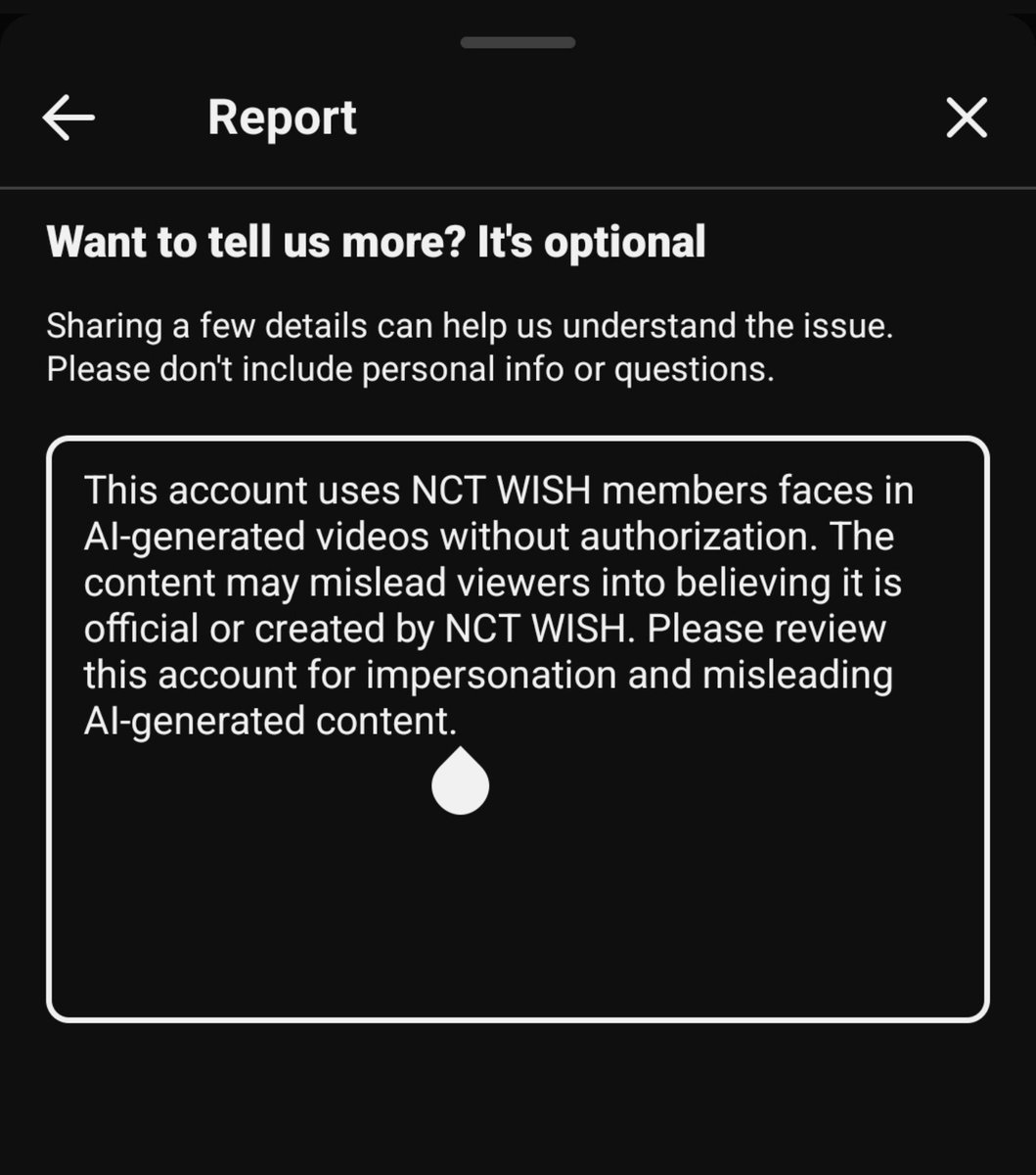 wichurikuri's tweet photo. 🚨 PANGGILAN UNTUK SELURUH WISHZEN - RNB (REPORT & BLOCK) 🚨

Akun berikut menggunakan wajah NCT WISH untuk membuat konten AI. Mohon bantu REPORT & BLOCK akun dibawah ini.

📌 TikTok
➡️ Report ➡️ Report account ➡️ Pretending to be someone ➡️ Celebrity ➡️ Official account: @/official_nct

📌 YouTube 
➡️ Report user ➡️ Impersonation ➡️ Official channel: https://t.co/ERLZP0euxL
➡️ Copy & paste this statement:
This account uses NCT WISH members' faces in AI-generated videos without authorization. The content may mislead viewers into believing it is official or created by NCT WISH. Please review this account for impersonation and misleading AI-generated content.

⚠️ Mohon REPORT & BLOCK akun tersebut. Jangan berikan engagement apa pun (like, komentar, share, atau subscribe) pada kontennya. Let's protect NCT WISH together. 🥰🫶🏻

Mohon bantu LIKE & RT postingan ini agar lebih banyak Wishzen yang melihat dan ikut melakukan RnB. Terima kasih! 💚