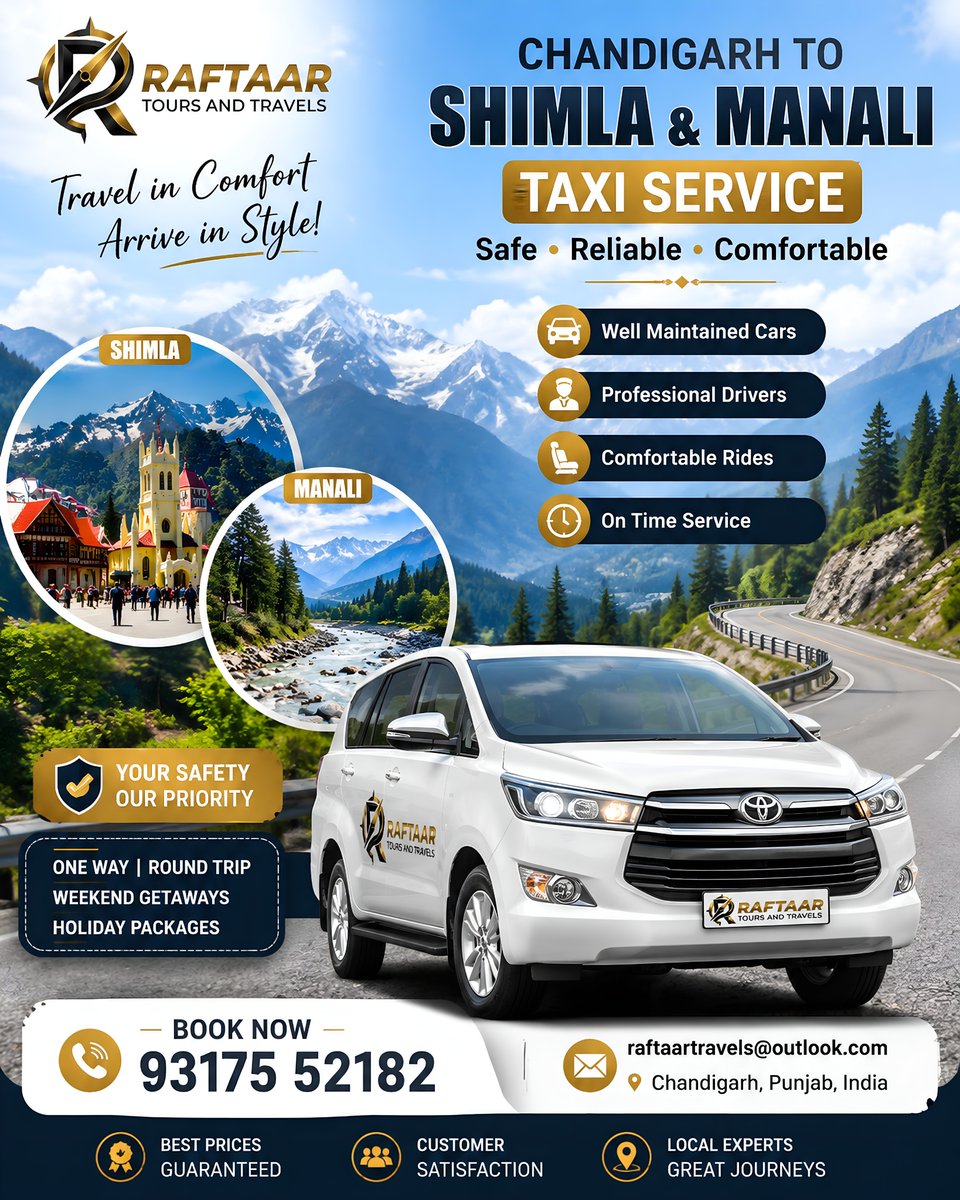 RaftaarToursPVT's tweet photo. Chandigarh to Shimla &amp; Manali Taxi Service 
Plan your next mountain getaway with Raftaar Tours &amp; Travels 
#ChandigarhToShimla #ChandigarhToManali #ShimlaTaxi #ManaliTaxi #TaxiService #HimachalTravel #ShimlaTrip #ManaliTrip #WeekendGetaway #TravelInComfort #CabService #Taxi https://t.co/nlcaz8X6ho