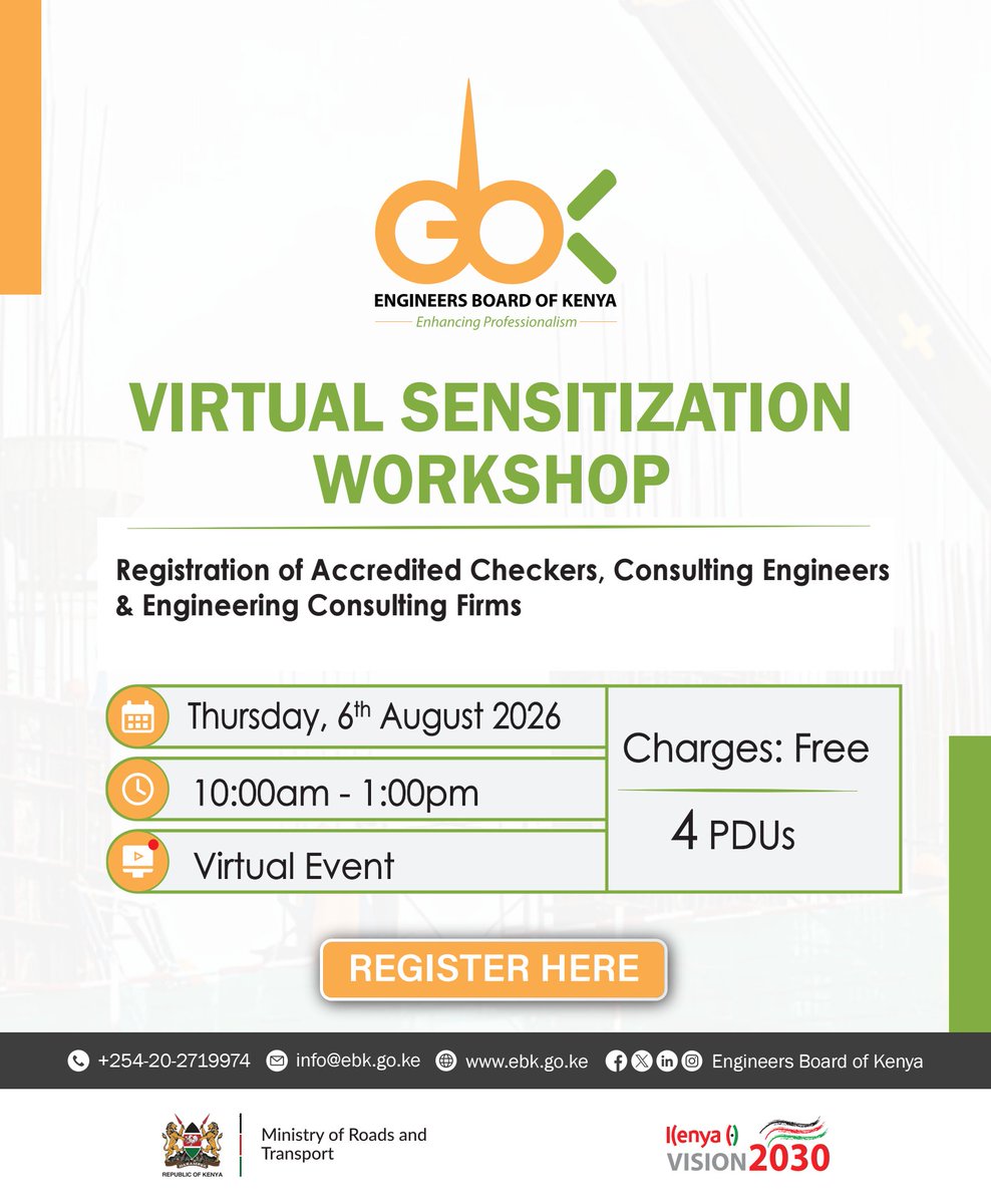EngineersBoard's tweet photo. Professional Development: Looking to register as an Accredited Checker, Consulting Engineer, or Engineering Consulting Firm?

Join the EBK Virtual Sensitization Workshop to understand the registration requirements, application process, and key compliance obligations.

Webinar Details: 
📅: 6 August 2026
⏰: 10:00 a.m. – 1:00 p.m.
💻: Virtual | FREE
🎓: Earn 4 PDUs

Register today and take the next step in advancing your professional practice: https://t.co/sZPKBvAzWH

Connect with us on WhatsApp: https://t.co/gcEnabEEEw

#ConsultingEngineers #AccreditedCheckers #EngineeringConsultingFirms #ProfessionalDevelopment #EngineeringExcellence