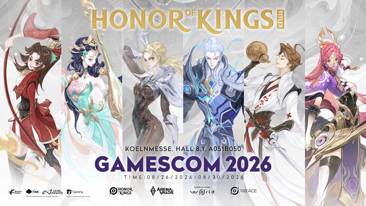 HonorofKingsACE's tweet photo. We're officially heading to #gamescom2026 — and our full lineup has been revealed!

For the first time, four titles from the Honor of Kings IP universe will come together at our gamescom booth:
@HonorOfKings  @ArenaofValor  @HoKWorld @HonorofKingsACE 

⭐ Dates: August 26–30, 2026
⭐ Venue: Koelnmesse, Cologne, Germany
⭐ Booth: Hall 8.1, A051B050

We can't wait to welcome you to our booth in Cologne!

#HoKtitlesgamescom #HonorofKings #HoKACE #HoKWorld #ArenaofValor #gamescom2026