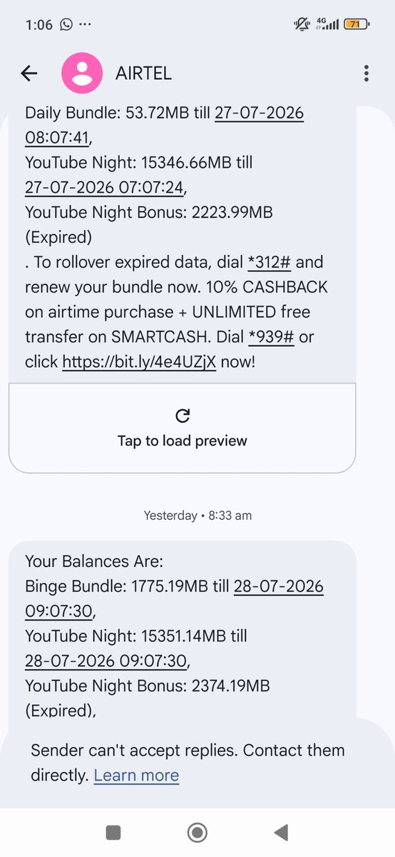 estyannsunday's tweet photo. @AirtelNigeria @AirtelNigeria please explain this:

The YouTube Night Bonus keeps increasing every time I subscribe. It seems when I subscribe, a part of my subscription is converted to YouTube night Bonus, yet, I can't use the bonus. https://t.co/P842YUK6r3