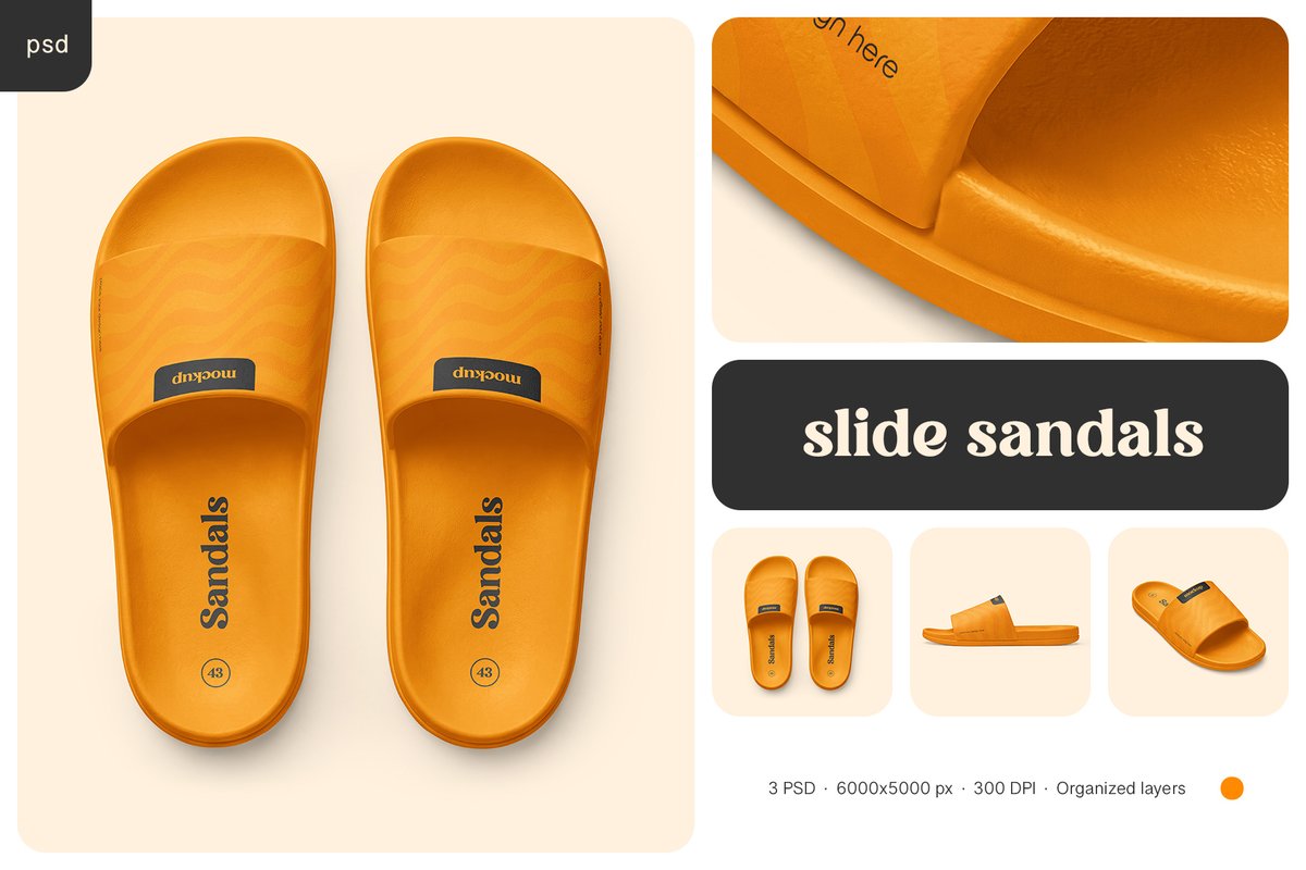 country4k's tweet photo. Give your footwear concept the presence of a finished retail product with the Rubber Slide Sandals Mockup Set. To begin with, three high-resolution PSD scenes showcase the sandals from the top, side, and three-quarter angles.

#country4k #mockup #mockups #PSD #DOWNLOAD https://t.co/rOJ06Oyiei