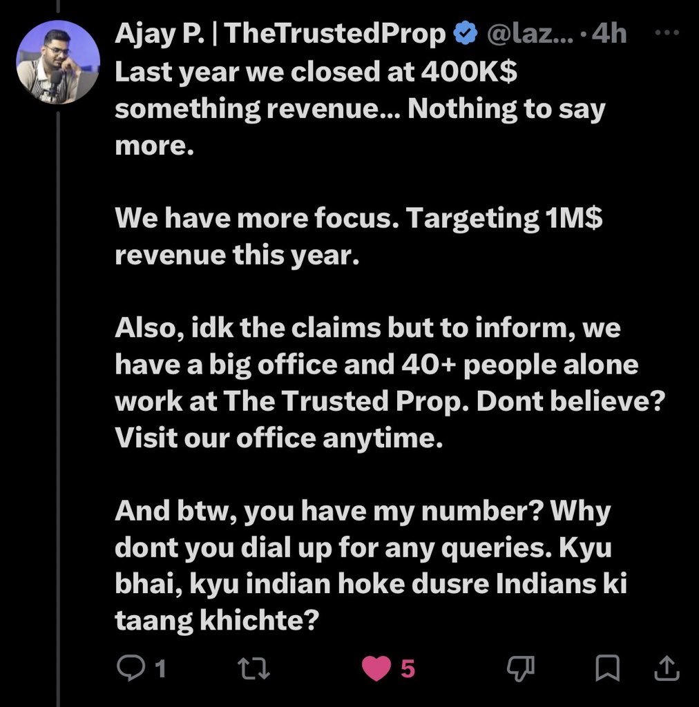 TrustedPropHub's tweet photo. I'm Indian. That doesn't mean I'll support or defend someone when they're wrong.

I didn't build this page for "brotherhood." I built it to support traders, raise their issues, and help them get paid by firms. That's what I've been doing from day one.

So saying, "Why are you pulling down another Indian?" completely misses the point. This isn't about nationality. It's about accountability.

If anything, that statement makes it look like you're trying to justify defending/appreciating QTFunded despite everything that happened.

I'm not against you or your company. Buy whatever car you want, make whatever money you want, I genuinely don't care.

Just don't mislead traders.

One more question: why did you delete your comment? If you were confident in what you said, why remove it? What exactly does that indicate?

@lazycrazyajay @TheTrustedProp 

#TrustedPropHub ✍🏻