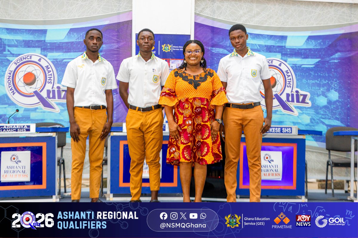 NSMQGhana's tweet photo. ASHANTI:

End of Contest

Kumasi Sec. Tech. School: 71pts
Bosomtwe Boys' STEM High School: 22pts
Al-Azhariya Islamic SHS: 11pts
Barekese SHS: 09pts

Never in doubt! Kumasi Sec. Tech. are headed to the National Championship.

#NSMQ2026 #NSMQRegionals #Primetime https://t.co/G05sefVO0l