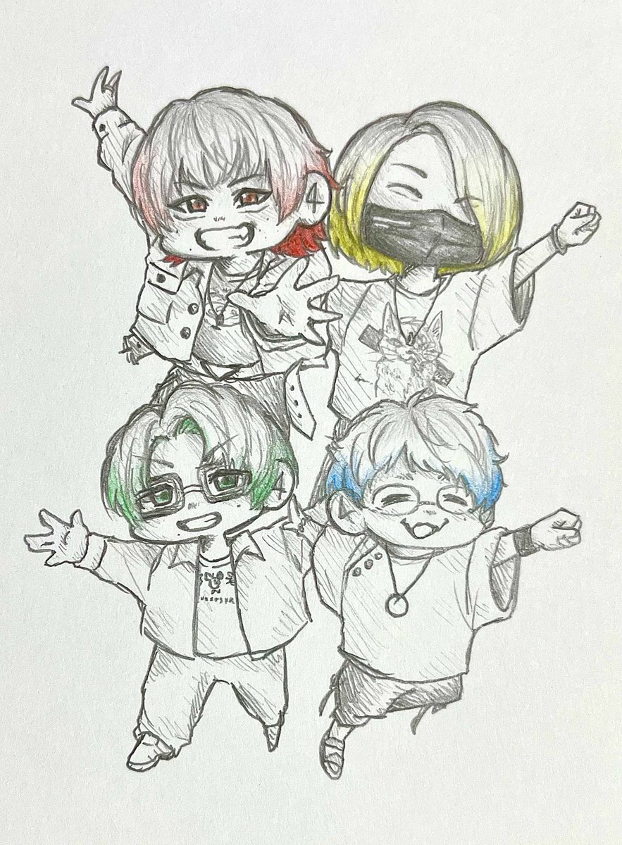 fujikiyo323's tweet photo. 2日遅れですがTOP4、9周年おめでとうございます！
本当はちゃんとデジタルで周年イラストを描きたかったのですが、最近色々あり描けなかったので、7月4日のTOP4 in TOKYO DOME 2Daysの時に会わせていただいた方々に渡したアナログイラストを代わりに載せます
#日本TOP4_９周年 
#自称日本TOP4九周年 https://t.co/0Pzx6D9EQZ