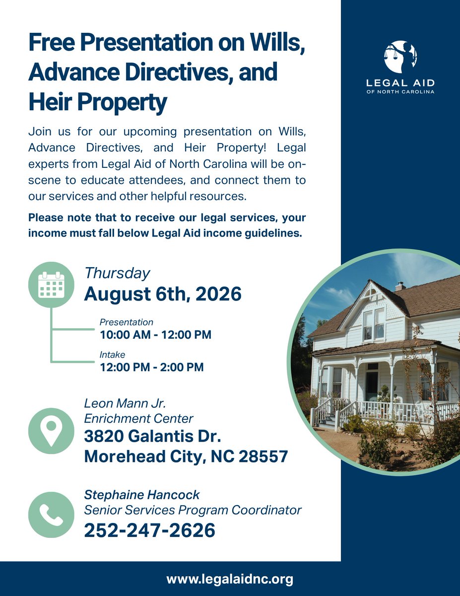 DRPLegalAidNC's tweet photo. Looking to learn more about heir property? Join Legal Aid of NC's Disaster Relief Project for a free seminar on August 6th in Morehead City. Learn about these upcoming events and more at https://t.co/IQUMAd1iNa
#legalaid #northcarolina #heirpropertysupport #moreheadcity https://t.co/AP3uZs1xIR