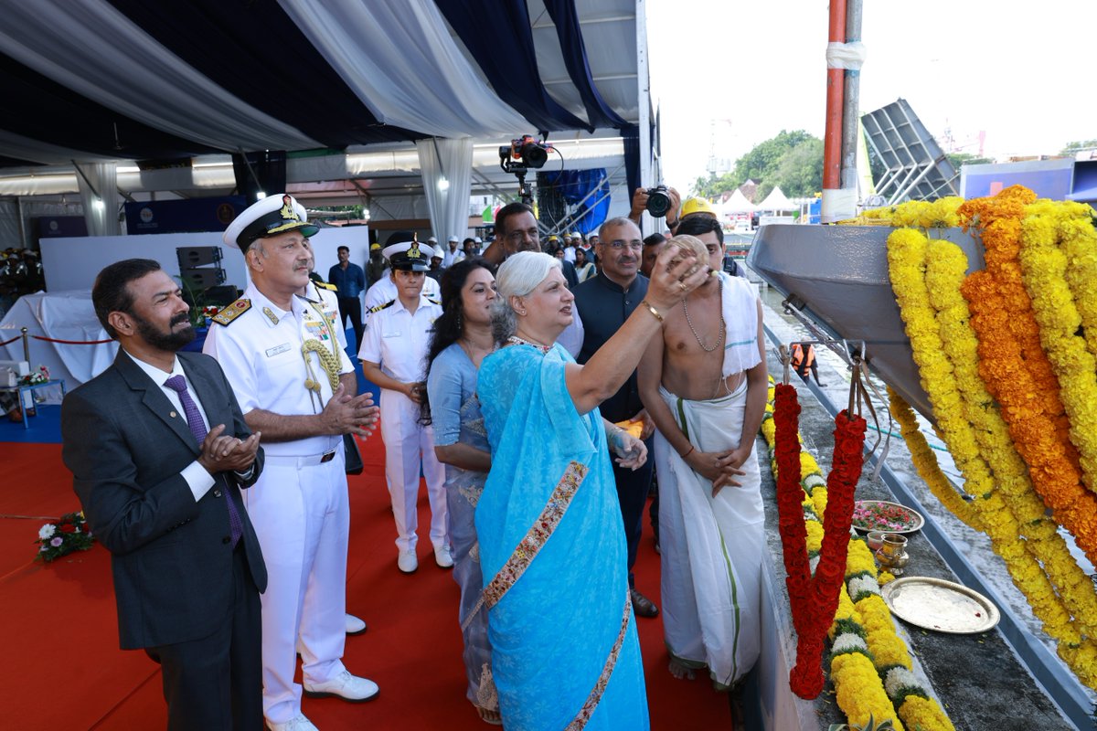 indiannavy's tweet photo. Another milestone for the #IndianNavy! 

The seventh Anti-Submarine Warfare Shallow Water Craft (ASW SWC), indigenously designed and built by @cslcochin, was launched at Kochi by Mrs Goolrukh Anand in the presence of VAdm Atul Anand, Addl Secretary #DMA, on 29 Jul 26.

Powered by three waterjets and equipped with state-of-the-art underwater sensors, advanced weapons and mine-laying capabilities, the ship is a potent ASW platform that will significantly strengthen the Indian Navy's Anti-Submarine Warfare capabilities in the Indian Ocean Region. 

The ship is named after Machilipatnam, the historic port city of Andhra Pradesh, reflecting India’s Maritime rich heritage and enduring seafaring traditions.

#INSMachilipatnam #AatmaNirbharBharat
#MaritimeSecurity

@HQ_IDS_India 
@SpokespersonMoD
