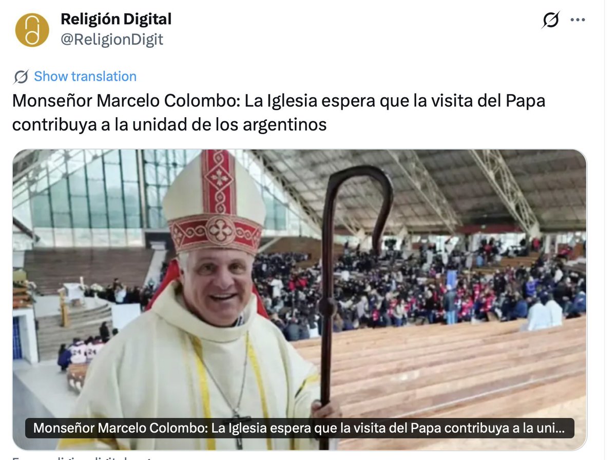 CaminaWanderer's tweet photo. "Que la visita del Papa contribuya a la unidad de los argentinos." Así resume Mons. Colombo lo que se espera de la visita del Vicario de Cristo. Ni una palabra sobre la fe, la conversión, la salvación de las almas. El Papa reducido a garante de la cohesión social. Esto es puro horizontalismo. Eso son nuestros obispos.