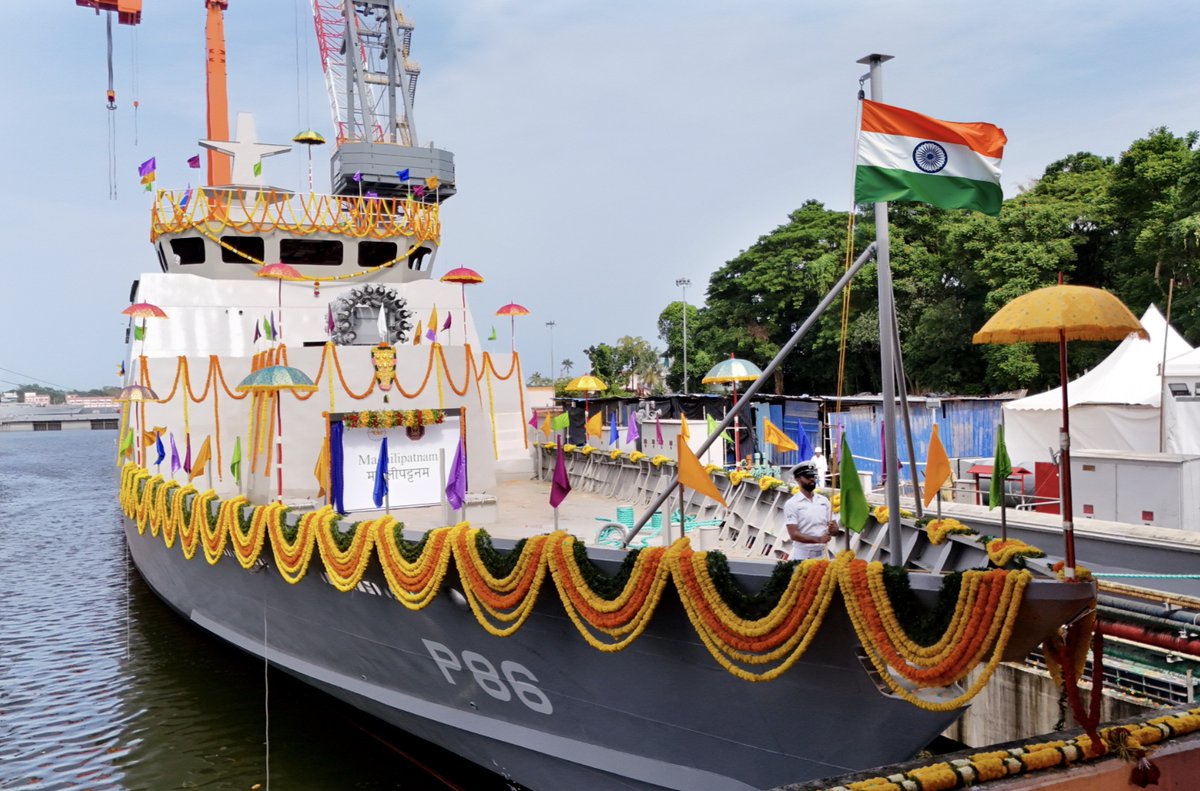 indiannavy's tweet photo. Another milestone for the #IndianNavy! 

The seventh Anti-Submarine Warfare Shallow Water Craft (ASW SWC), indigenously designed and built by @cslcochin, was launched at Kochi by Mrs Goolrukh Anand in the presence of VAdm Atul Anand, Addl Secretary #DMA, on 29 Jul 26.

Powered by three waterjets and equipped with state-of-the-art underwater sensors, advanced weapons and mine-laying capabilities, the ship is a potent ASW platform that will significantly strengthen the Indian Navy's Anti-Submarine Warfare capabilities in the Indian Ocean Region. 

The ship is named after Machilipatnam, the historic port city of Andhra Pradesh, reflecting India’s Maritime rich heritage and enduring seafaring traditions.

#INSMachilipatnam #AatmaNirbharBharat
#MaritimeSecurity

@HQ_IDS_India 
@SpokespersonMoD