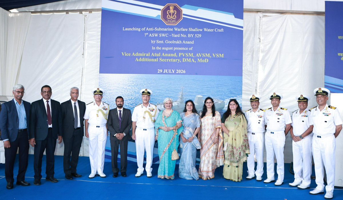 indiannavy's tweet photo. Another milestone for the #IndianNavy! 

The seventh Anti-Submarine Warfare Shallow Water Craft (ASW SWC), indigenously designed and built by @cslcochin, was launched at Kochi by Mrs Goolrukh Anand in the presence of VAdm Atul Anand, Addl Secretary #DMA, on 29 Jul 26.

Powered by three waterjets and equipped with state-of-the-art underwater sensors, advanced weapons and mine-laying capabilities, the ship is a potent ASW platform that will significantly strengthen the Indian Navy's Anti-Submarine Warfare capabilities in the Indian Ocean Region. 

The ship is named after Machilipatnam, the historic port city of Andhra Pradesh, reflecting India’s Maritime rich heritage and enduring seafaring traditions.

#INSMachilipatnam #AatmaNirbharBharat
#MaritimeSecurity

@HQ_IDS_India 
@SpokespersonMoD