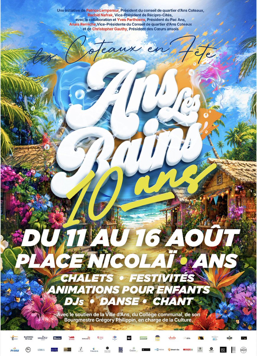 AnsBains's tweet photo. 🎉 L’affiche officielle d’Ans-les-Bains : "Les Coteaux en Fête" – 10ᵉ anniversaire est arrivée ! 🥳

📅 Du 11 au 16 août, rejoignez-nous pour célébrer ensemble les 10 ans d’Ans-les-Bains, avec un programme festif, convivial et familial qui s’annonce exceptionnel. https://t.co/ZFPDX3KtnI