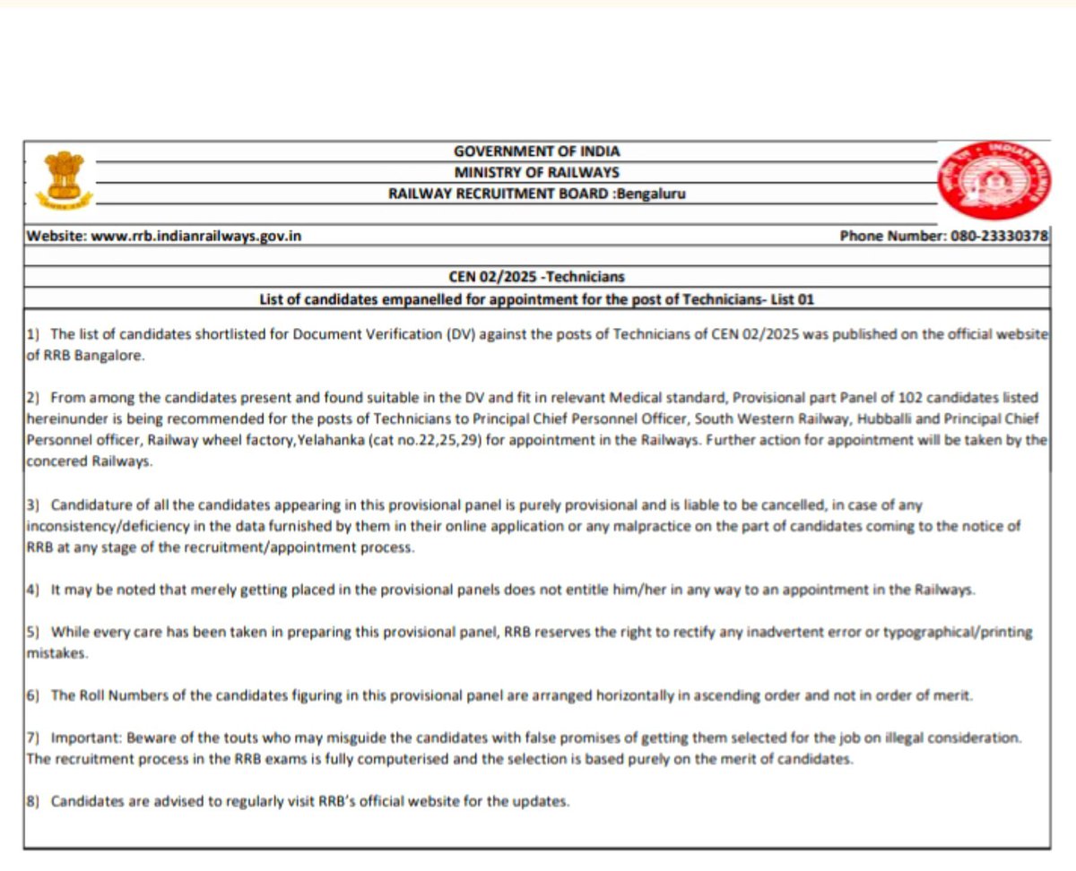 RailwayTalks's tweet photo. Railway Recruitment Board (RRB) BENGALURU declared the part panel for CEN 02/2025 TECHNICIAN recruitment. 
Congratulations🎉 aspirants. 
@RailMinIndia 
#RailwayJobs
#RRBTechnician https://t.co/KLDo5b0I3b