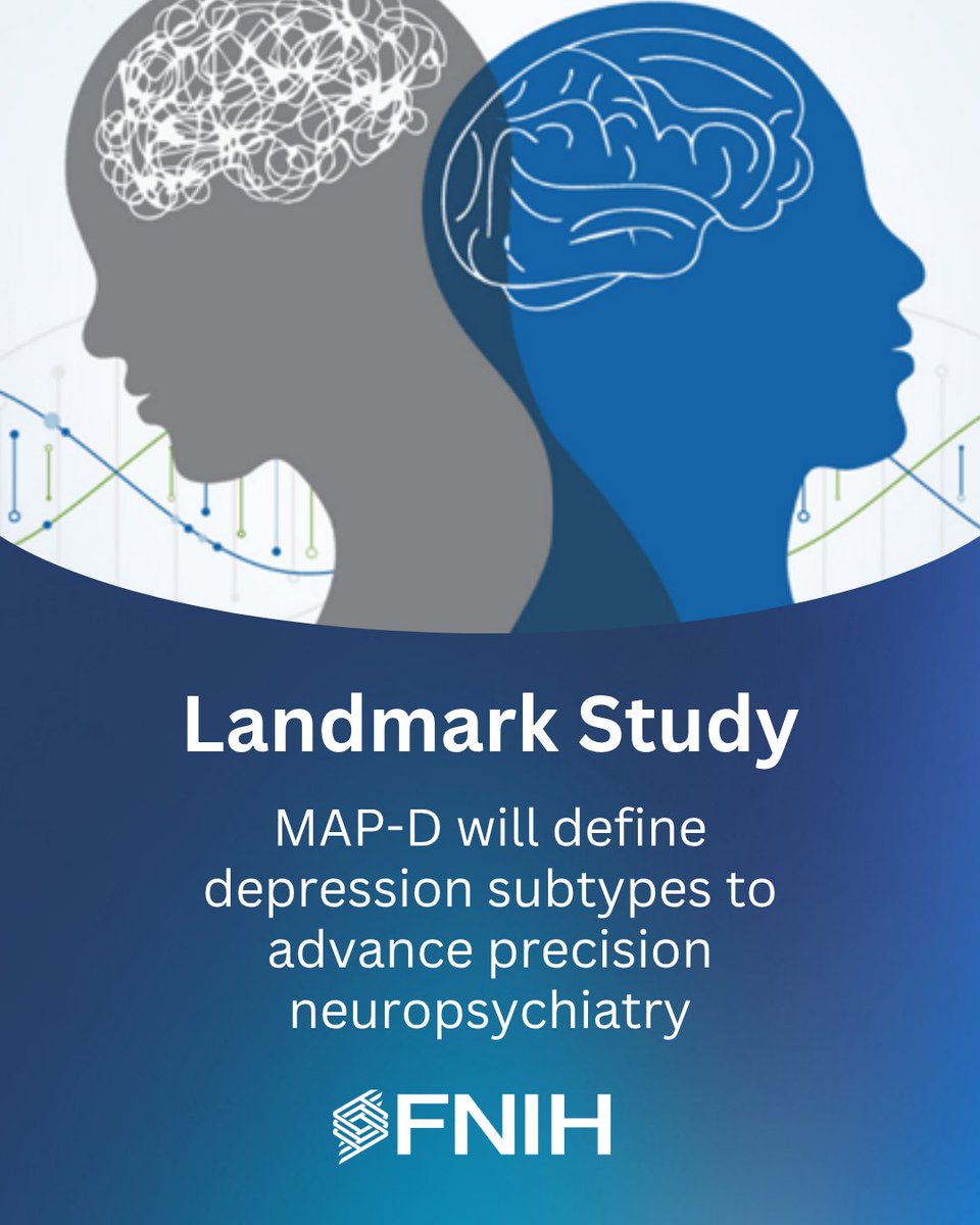 FNIH_Org's tweet photo. For years, depression has been diagnosed as a single disease based on symptoms – yet the underlying causes can��vary from person to person. FNIH is launching the first phase of a long-term study that will collect data across a broad set of measures to identify biomarkers and more clearly define depression subtypes. This will pave the way for more individualized care for the nearly 21 million U.S. adults who experience a major depressive episode each year.  

Learn more: https://t.co/uAqIaFmOv5

#PrecisionMedicine #MAP-D #BridgestoBreakthroughs #Depression #BiomarkerScience