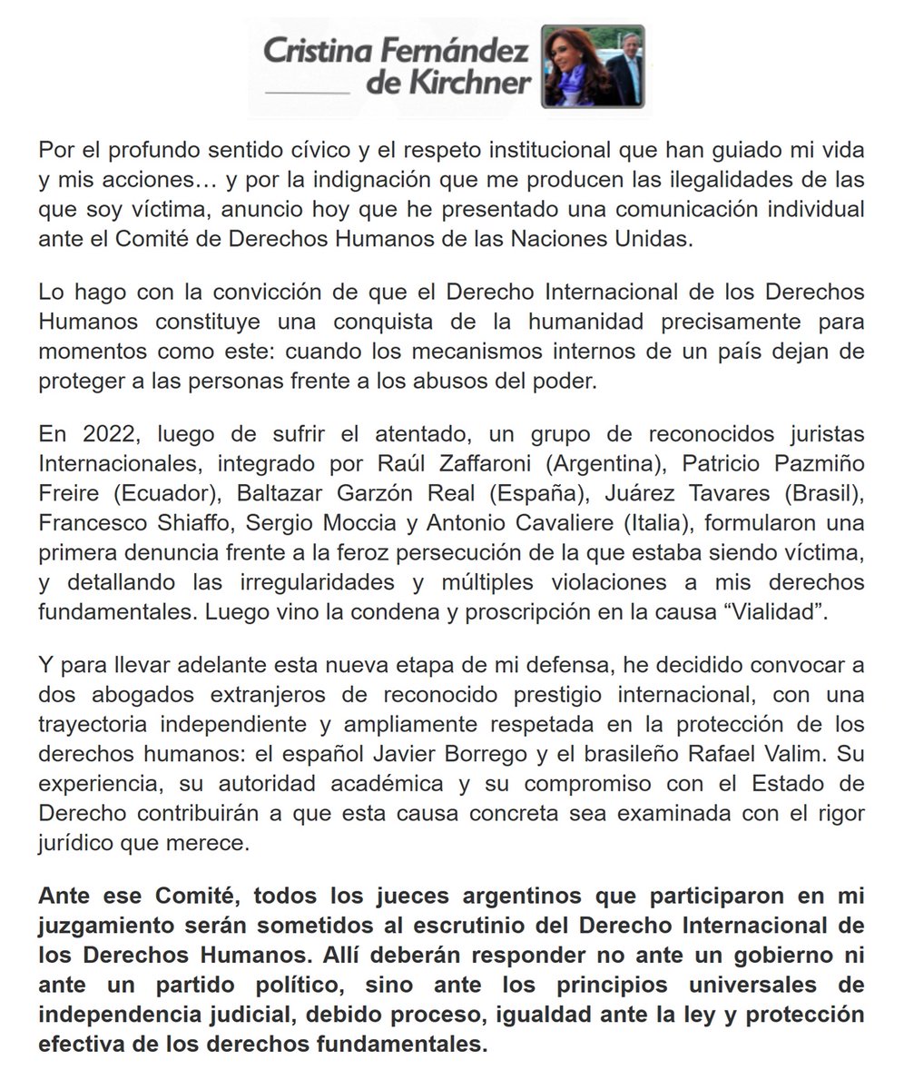 porquetendencia's tweet photo. "Cristina Kirchner":
Porque anunció una presentación ante el Comité de Derechos Humanos por su condena en la causa Vialidad https://t.co/s1Ut7iTjqM
