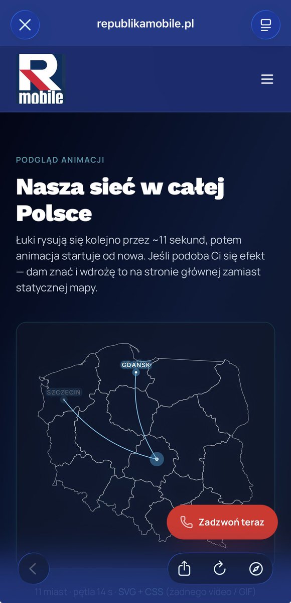 Bernard3k_'s tweet photo. Republika Mobile i ich wysokiej jakości strona internetowa napisana przez Ai 

“Łuki rysują się kolejno przez ~11 sekund, potem animacja startuje od nowa. Jeśli podoba Ci się efekt
- dam znać i wdrożę to na stronie głównej zamiast
statycznej mapy.”

XDDDDDD https://t.co/rusQYwedzn