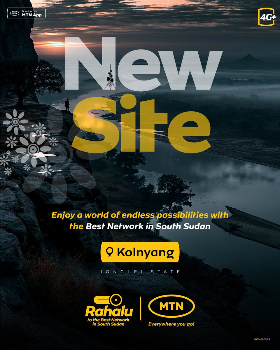 MTNSSD's tweet photo. Now in Kolnyang(Total), Jonglei State!
The Best Network in South Sudan is now live in Mareng, bringing you faster connections to stream, browse, work, and stay connected with what matters most.
Welcome to a world of endless possibilities.
#Switch2MTN #BestNetwork https://t.co/1oGVfrHih8