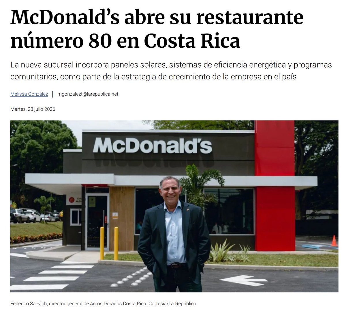danielsuchar's tweet photo. #CostaRica Lo que empezó en una Esquina en la Ciudad de San Jose por alla de los años 70's, ya hoy suma +80 Restaurantes ... reflejo de una confianza en el consumidor y en el pais !!.. Mas y mas inversion = Mas y mas #EMPLEO
Muchas felicidades @McDonalds
#EmpleoCR #TrabajoCR https://t.co/ZhNPPCdxaZ