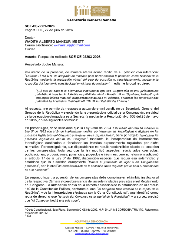 BluRadioCo's tweet photo. #Atención Wadith Manzur no podrá posesionarse como senador ni virtualmente ni en su sitio de reclusión, según el concepto que acaba de entregar el secretario de la corporación, Diego González.

Manzur, quien está detenido por el escándalo de la UNGRD, le había hecho esa petición al Congreso de la República.

"La existencia de una medida privativa de la libertad y las actuaciones desplegadas por el congresista para procurar su posesión constituyen elementos susceptibles de ser examinados judicialmente como una eventual causa justificativa, sin que ello implique reconocer efectos jurídicos a una posesión a distancia ni habilitar, por vía administrativa, una modalidad distinta de la prevista en el Reglamento Interno del Congreso", dice el documento. #VocesySonidos