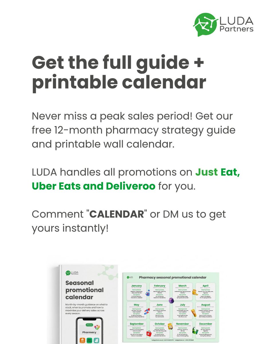 ludapartners_uk's tweet photo. Never miss a peak sales period in your pharmacy. 📈
Download our FREE 2026 Seasonal Calendar: 🗓️ 12-month strategy guide 🖨️ Ready-to-print team wall planner
Get yours here 👇 https://t.co/ikgr3RGnzg
#HealthcareRetail #DeliveryApps #JustEat #UberEats #Deliveroo #PharmacyGrowth https://t.co/vlqYjMtko7