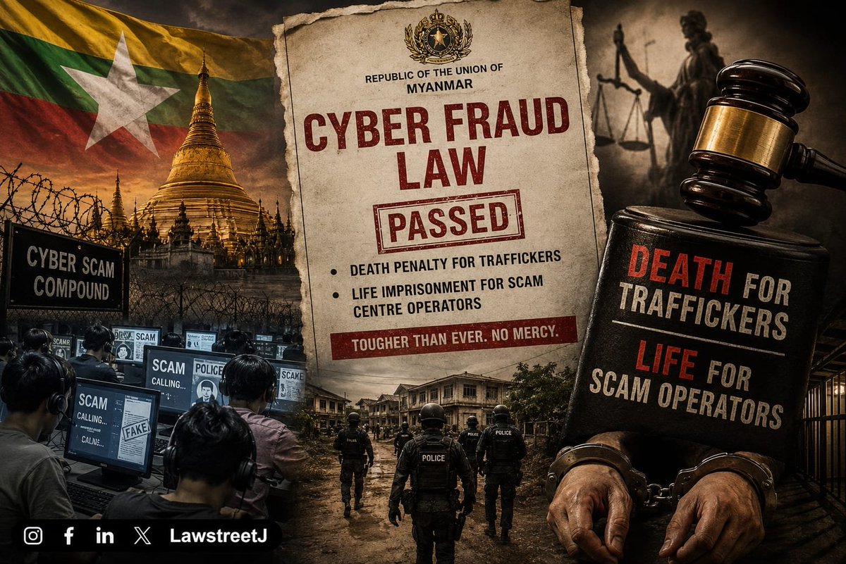 LawstreetJ's tweet photo. #Myanmar passes Anti-Online Scam Bill, allowing #deathpenalty for violent scam trafficking, amid Southeast Asia's crackdown on #cyberfraud.
Read full article here
https://t.co/EI6cPiQZ3v
#AntiOnlineScam #CyberCrime #OnlineScams #SoutheastAsia https://t.co/DblIGegKtR