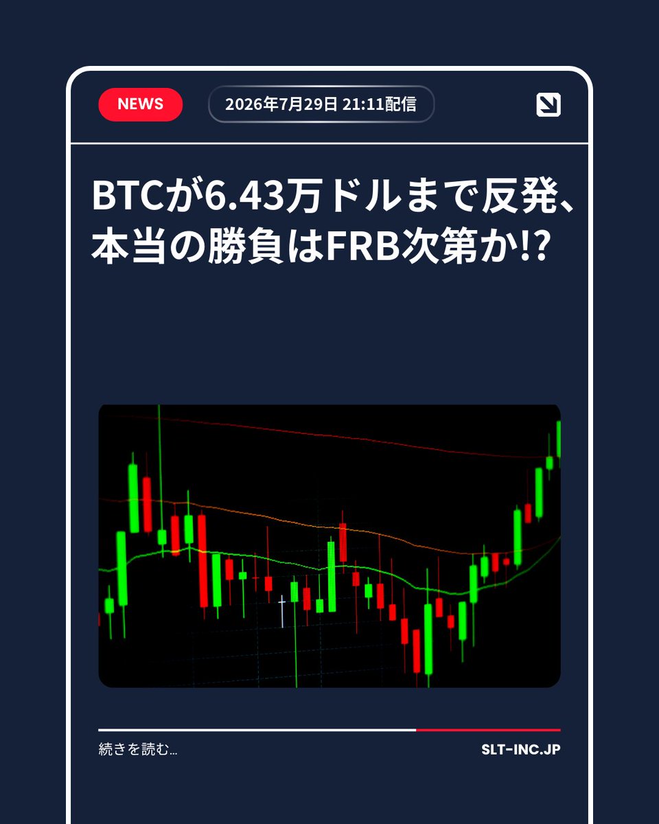 SLT_OFFICIAL_JP's tweet photo. 🚨【速報】ビットコイン FRB待ちで一時停止
BTCは6.43万ドルまで値を戻したものの、市場の視線は完全に次のFRB発表へ釘付けという緊張感が漂う展開に。
CoinDeskが報じた通り、目先の反発は好材料として受け止められつつも、本格的な値動きはFRBの判断が出るまでお預けという読みにくい空気が続いている…。

あなたは明日のBTCをどう予想しますか？
⬆️ 上がると思う → ❤️ いいね
⬇️ 下がると思う → 🔄 リポスト

最新情報をもっと早く掴みたい人はフォローしてね。
🔥 #ビットコイン #BTC #仮想通貨 #暗号資産 #BTC予測 #FRB
