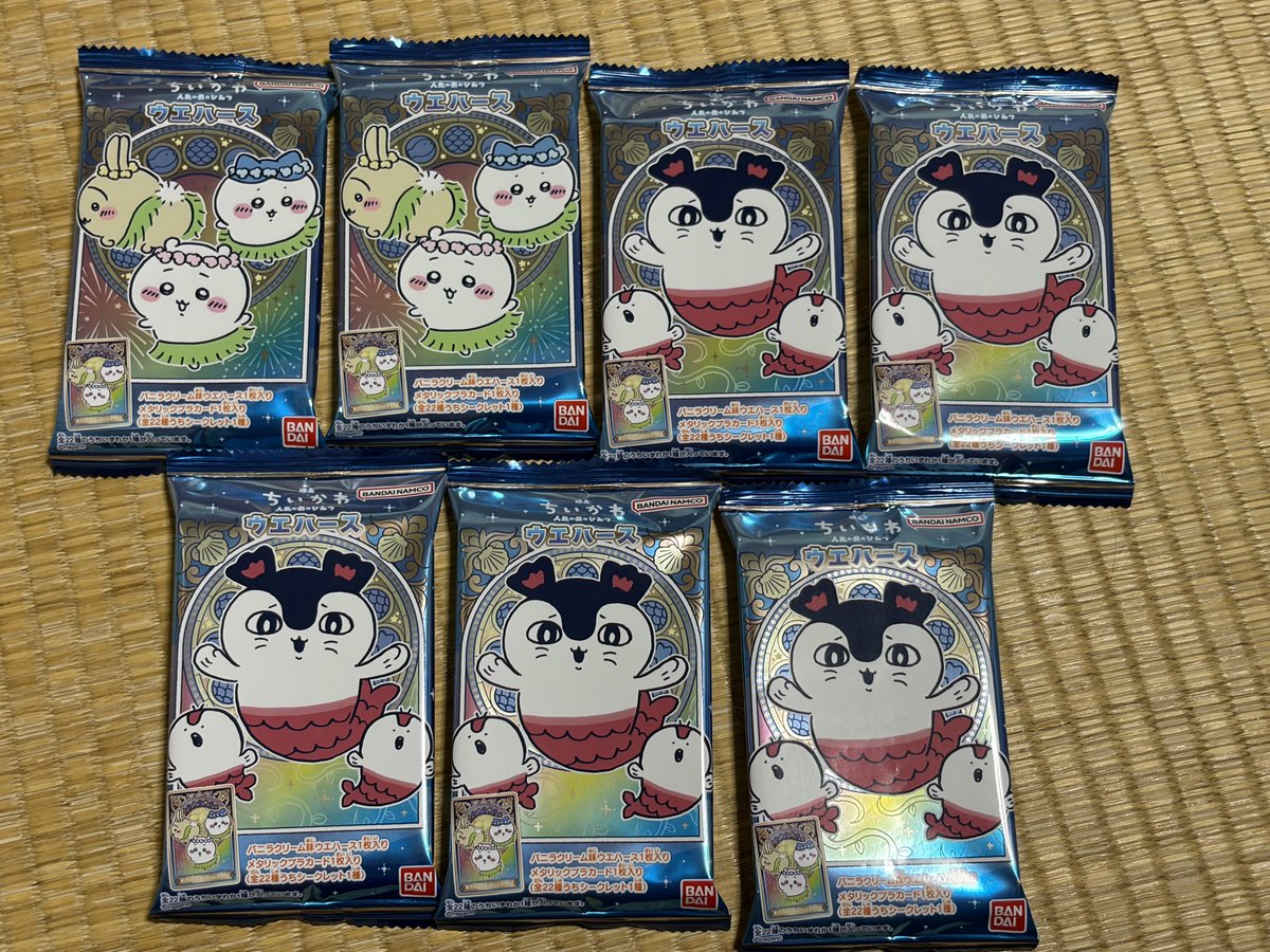 Denrezeoshi7's tweet photo. ちいかわのウエハース7つコンビニ売ってたので買いました！セイレーンのレアなやつ出てほしいです🧜‍♀️ https://t.co/W3T6YVygP5