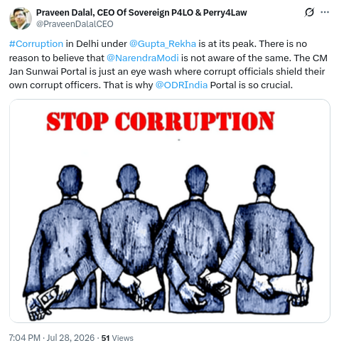 DogeOfIndia's tweet photo. #Corruption in Delhi under @gupta_rekha is at its peak. There is no reason to believe that @narendramodi is not supporting it. CM Jan Sunwai Portal is just an eye wash where corrupt officials shield their own corrupt officers. That is why @ODRIndia Portal is so crucial. @PMOIndia https://t.co/paGQxtCq6q