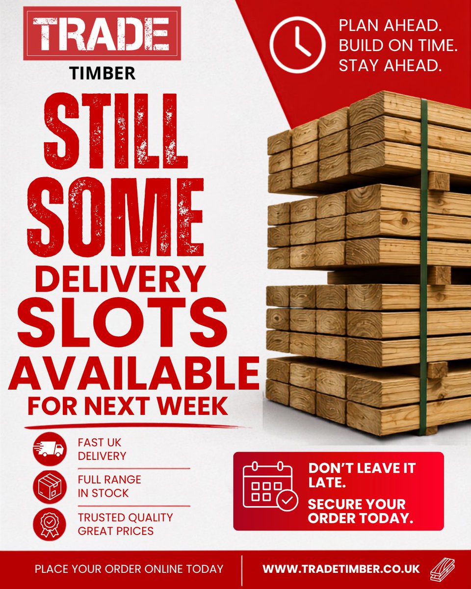 tradetimber_'s tweet photo. ⏰ Plan ahead. Build on time. Stay ahead.
We've still got some slots available for next week, secure yours NOW!!
Don't leave it until the last minute…place your order today!!!🏃♂️
#TradeTimber #TimberMerchant #Construction #Builders #Joinery #Carpentry #Timber #BuildingMaterial https://t.co/ohvbauY01G