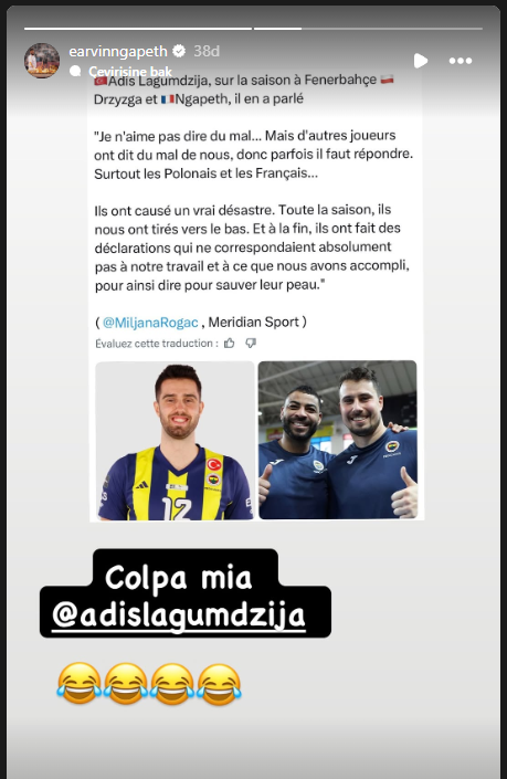 Temmzvolley's tweet photo. 🇫🇷Earvin Ngapeth: "Benim hatam @/adislagumdzija 😂😂😂😂" https://t.co/ZWzEbd5ewb