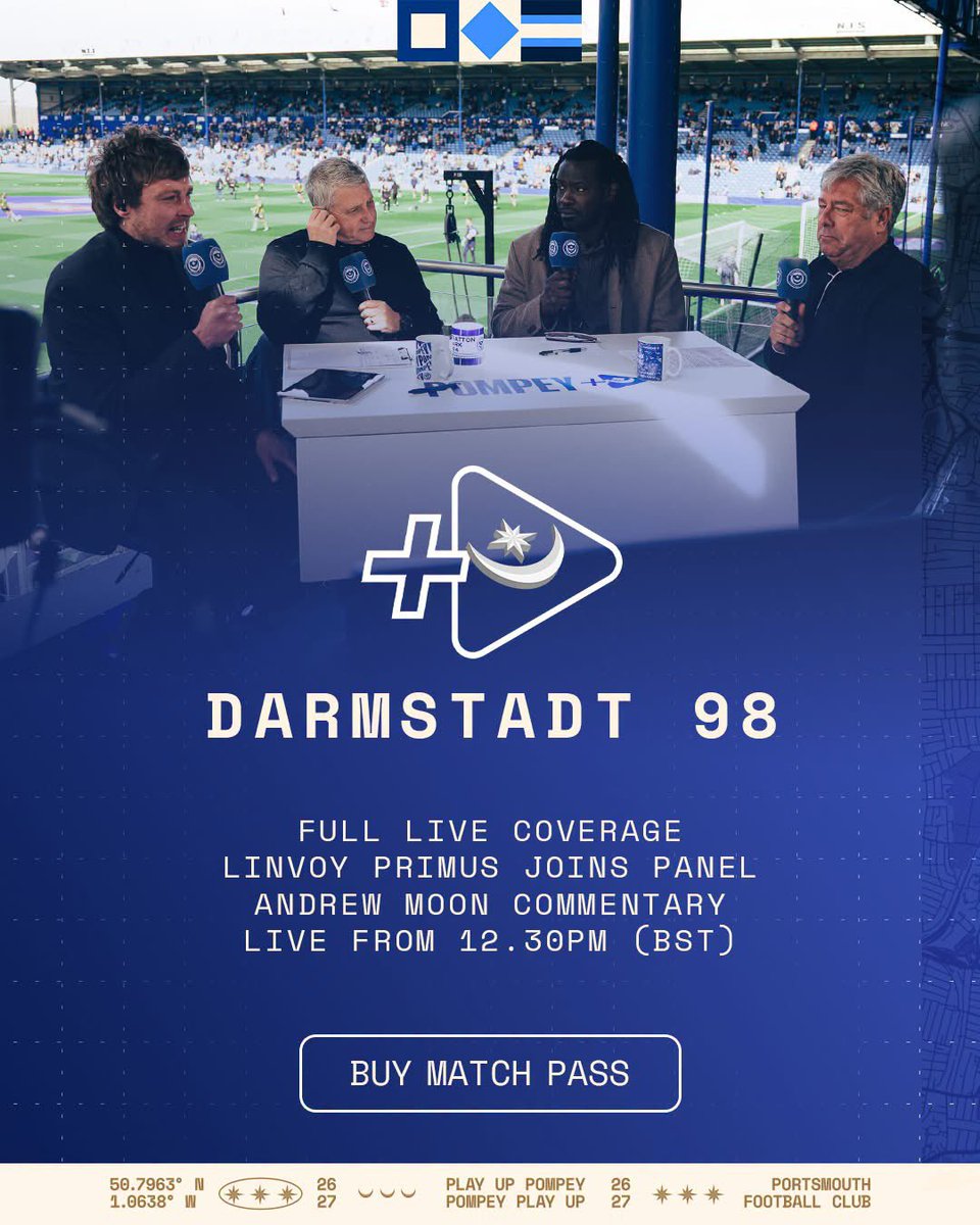 FrattonFaith's tweet photo. 🔵 Watch #Pompey's friendly with Darmstadt 98 on Pompey+!

😍 Linvoy joins the panel.
📺 Full live show.
🎙️ Andy Moon commentary.

🔗 Buy a £5 match pass here: https://t.co/HS6iv5kpFa https://t.co/PgkmFZwVlE
