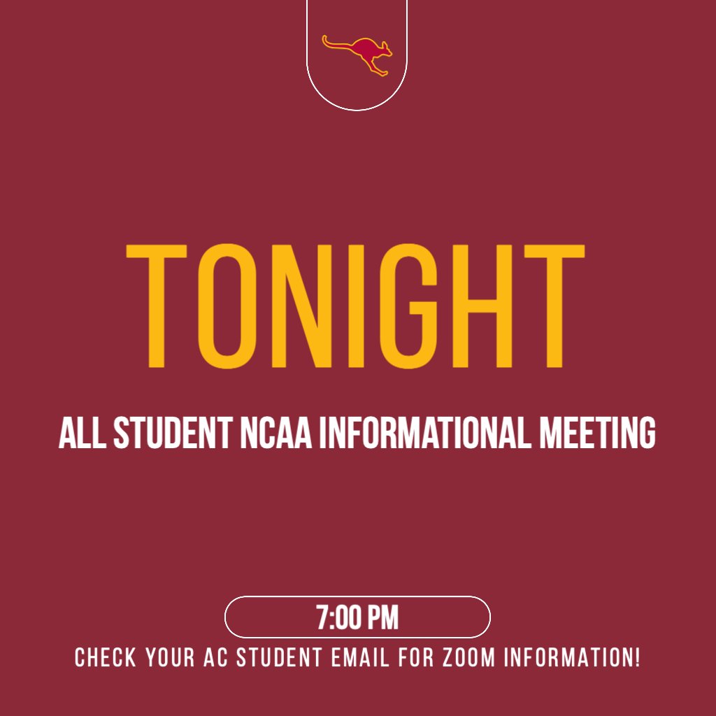 ACsports's tweet photo. ATTENTION ALL STUDENT-ATHLETES: There is a very important NCAA Informational session tonight at 7:00 PM! Check your AC student email accounts for information on how to join the Zoom. #RooNation #BeFierce https://t.co/FDfAckssBf