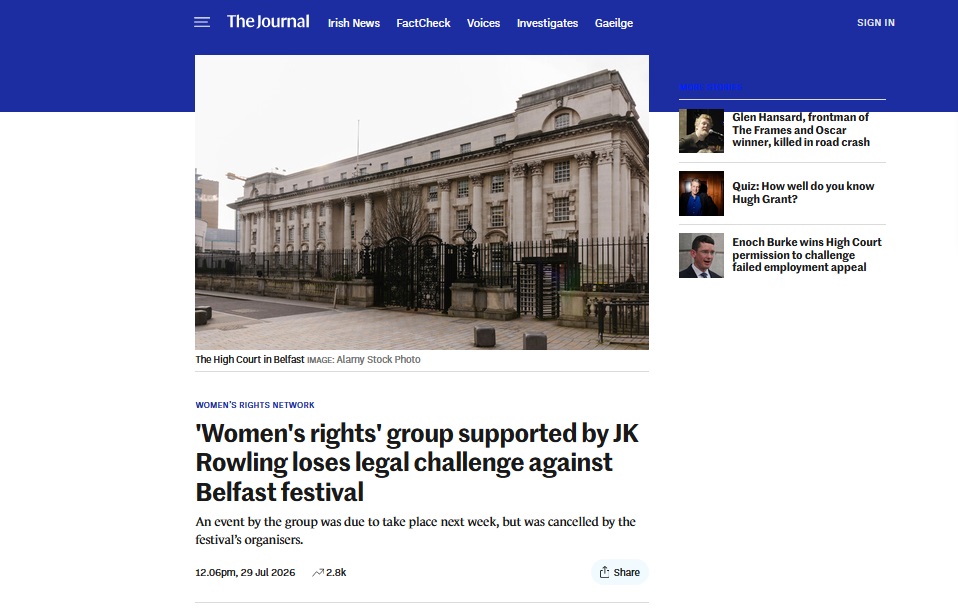nwl88444048's tweet photo. How many errors can The Journal fit into a headline?

Women's Rights Network claim against Feile An Phobail was settled on confidential terms before it went to a judge. The High Court in Belfast hasn't rejected anything.

WRN event will not go ahead at Feile, there will be discussion about a WRN event at next year's Feile. No word on costs or damages.

And WRN stated yesterday in a message to BBC Talkback that they were not funded by JK Rowling.